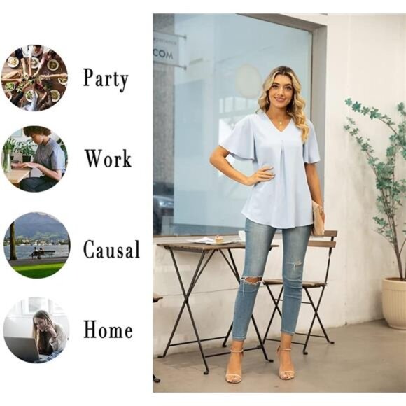 Womens Summer Dressy Chiffon Blouses V Neck Short Sleeve Tunic Tops for Leggings - Picture 5 of 7